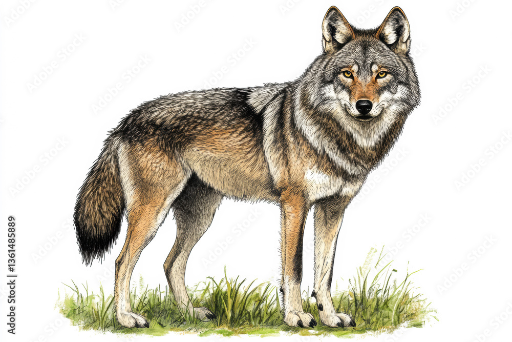 Wolf standing in lush green grass under bright daylight, showcasing its detailed fur pattern and keen gaze Generative AI Wolf standing in lush green grass under bright daylight, showcasing its detailed fur pattern and keen gaze Generative AI