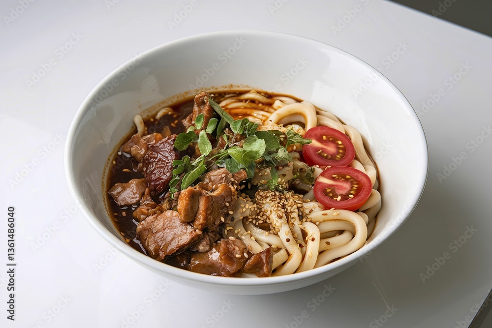 A photo of a white bowl containing udon noodles A photo of a white bowl containing udon noodles
