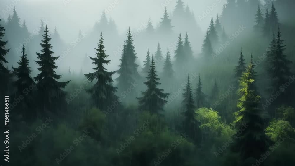 Serene Misty Forest Landscape Rain Falling on Evergreen Trees Serene Misty Forest Landscape Rain Falling on Evergreen Trees