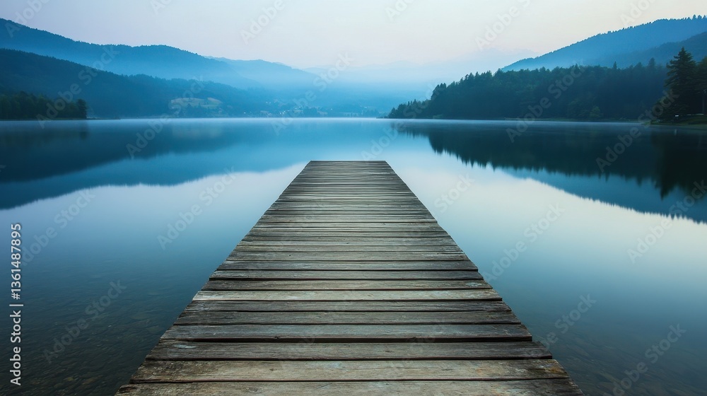 Fototapeta premium Pathway to Serenity: A picturesque wooden pier extends into a tranquil lake, mirroring the serene mountains in the distance, shrouded in a delicate mist that evokes a sense of calm and solitude.