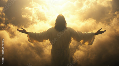 Heavenly figure extends arms amid golden clouds, evoking a sense of peace and divinity in a serene atmosphere at sunset Generative AI
