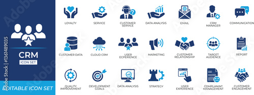 Crm solid icon set featuring customer management, audience, chart, contact, engage, insight, interaction, crm, customer service, analytics, and communication tools. editable vectors for web & apps.