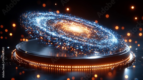 Glowing spiral galaxy on dark platform.