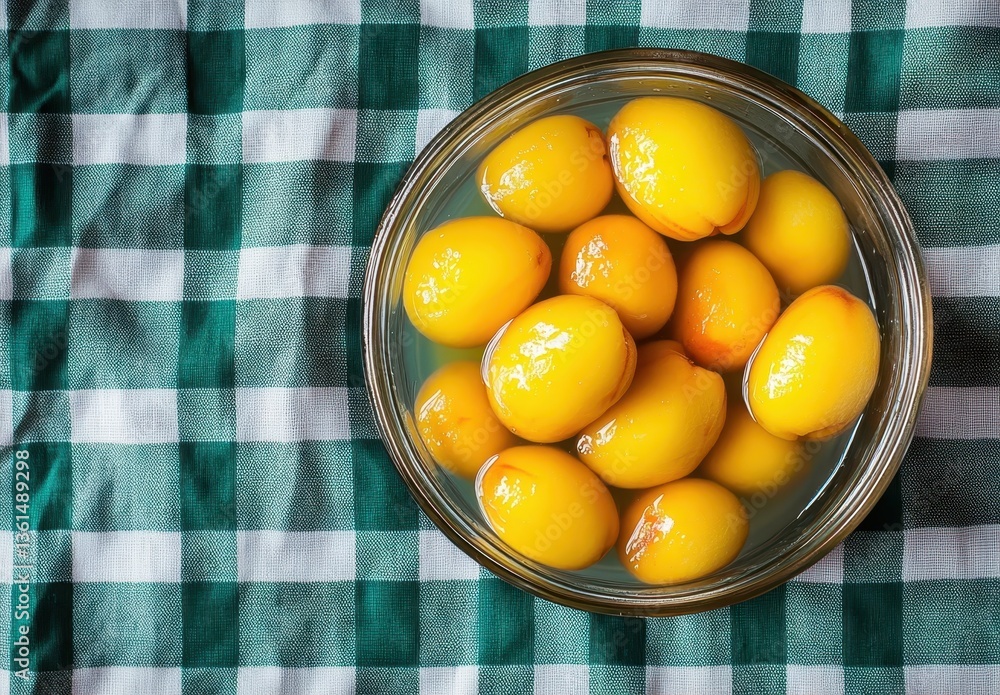 Fresh Bright Yellow Egg Yolks in Clear Bowl on Checkered Green and White Tablecloth in Natural Light for Cooking and Culinary Purposes Fresh Bright Yellow Egg Yolks in Clear Bowl on Checkered Green and White Tablecloth in Natural Light for Cooking and Culinary Purposes