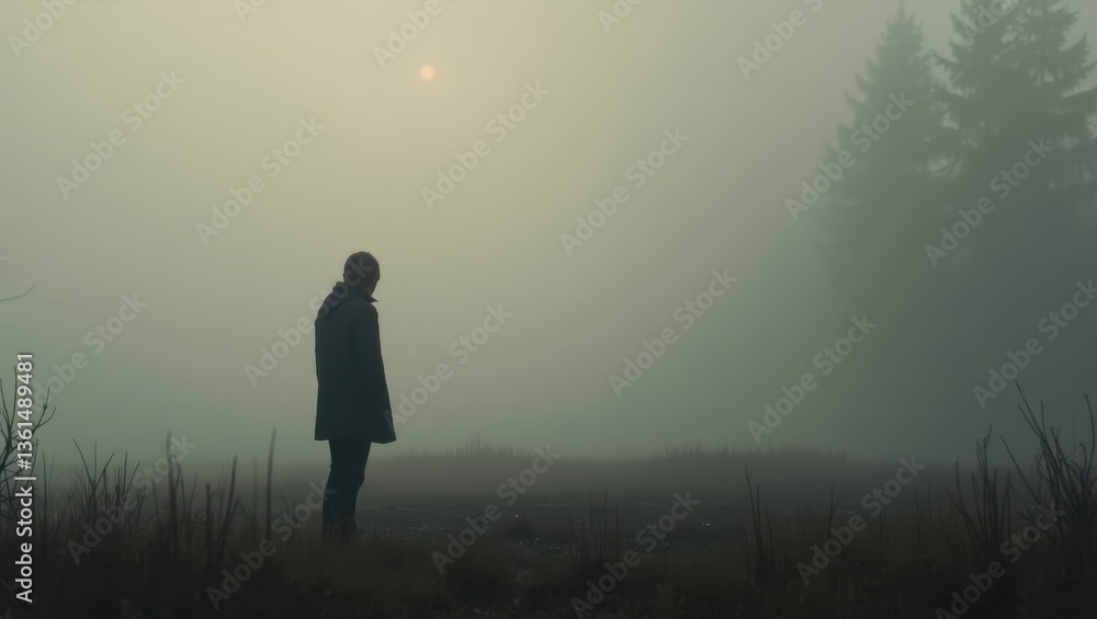 Solitary Figure in Misty Landscape Atmospheric Silhouette Man in Foggy Field Solitary Figure in Misty Landscape Atmospheric Silhouette Man in Foggy Field