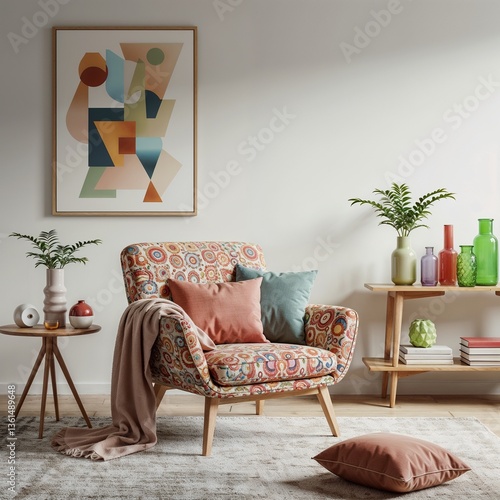 Modern Living Room with Patterned Armchair, Abstract Wall Art, and Colorful Decorative Vases