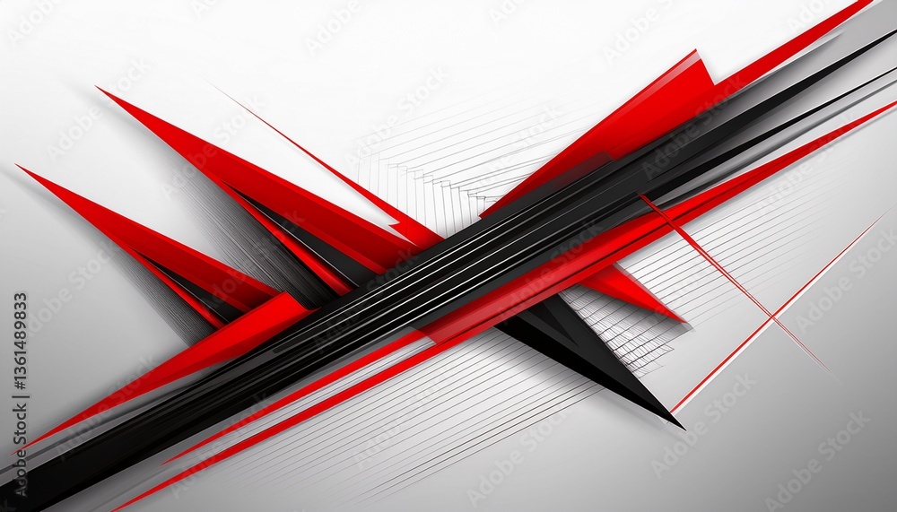 Fototapeta premium Abstract motion geometric shiny black and red overlapping technology concept perspective on white background with copy space. Generated image