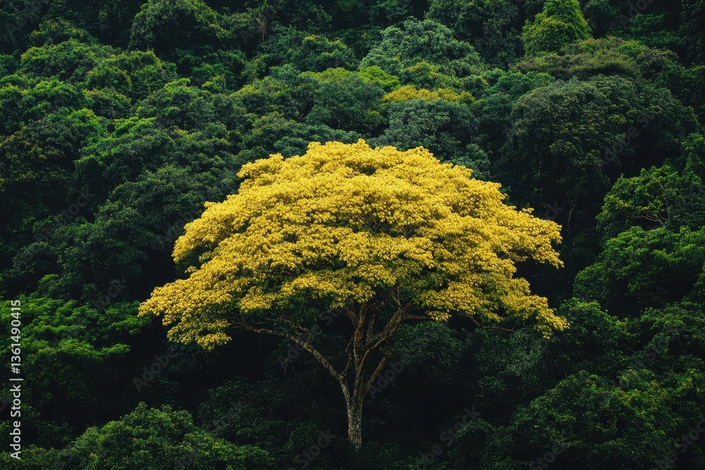 Fototapeta premium Emerald Canopy: A vibrant yellow tree stands as a beacon of life amidst a sea of lush green foliage, captured in a high-definition shot that emphasizes the rich textures of the forest.