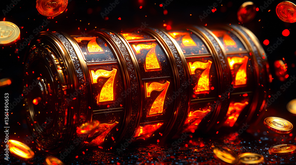 Casino slot machine wins the jackpot 777 on bright background. Casino Banner advertising template