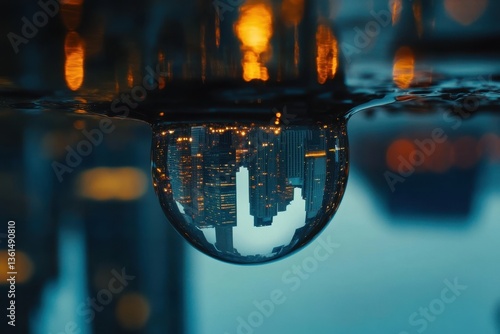 Cityscape in Reflection: A captivating urban scene is ingeniously reflected within a single drop of water, showcasing the city's skyscrapers, lights.