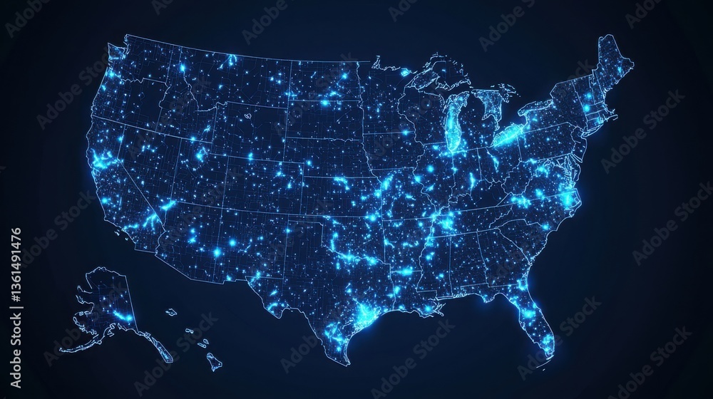 Obraz premium Detailed map of the united states with highlighted 5g network regions in blue demonstrating enhanced connectivity areas