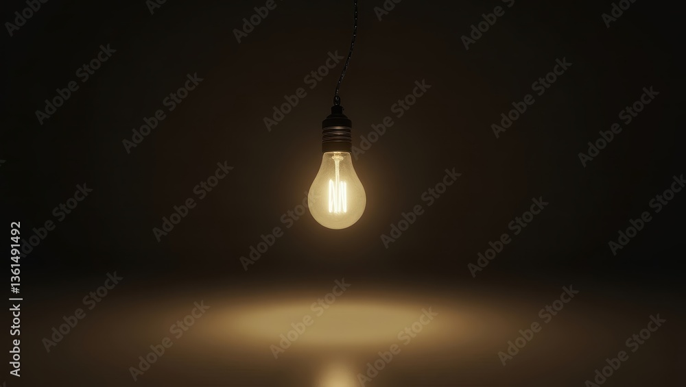 Glowing Filament Light Bulb Hanging in Dark Room Warm Light Minimalist Design Interior Decor Glowing Filament Light Bulb Hanging in Dark Room Warm Light Minimalist Design Interior Decor