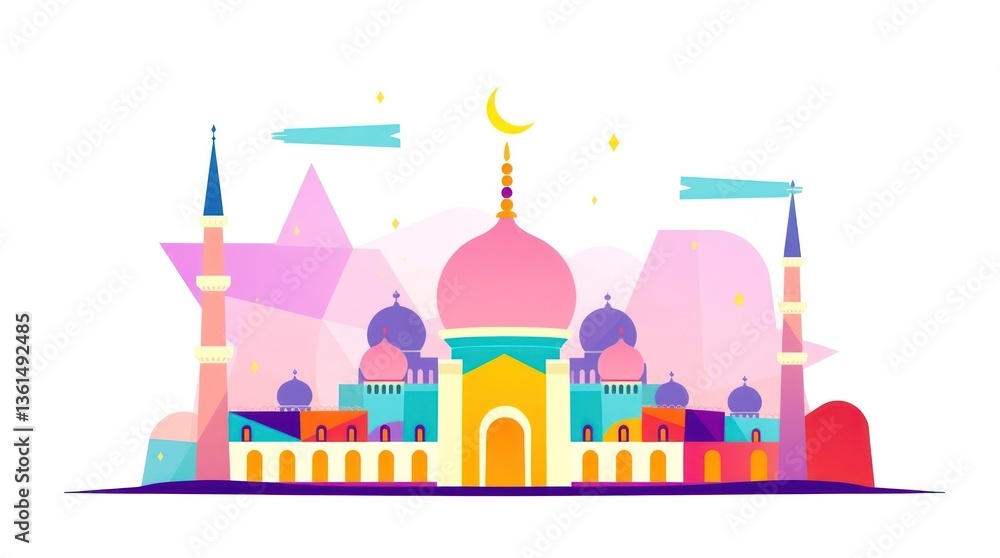 Colorful Mosque Illustration with Crescent Moon Symbol in Flat Design Style Colorful Mosque Illustration with Crescent Moon Symbol in Flat Design Style
