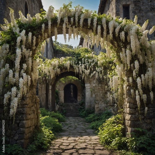 A white wisteria vine cascading down an old stone archway.