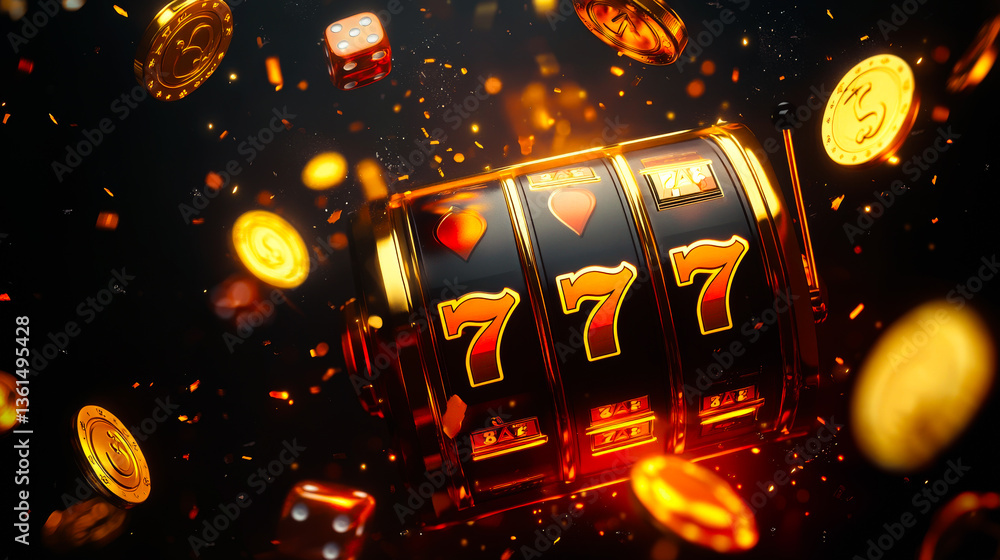 Casino slot machine wins the jackpot 777 on bright background. Casino Banner advertising template. Flying gaming chips on blurred background