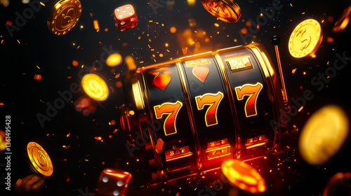 Casino slot machine wins the jackpot 777 on bright background. Casino Banner advertising template. Flying gaming chips on blurred background