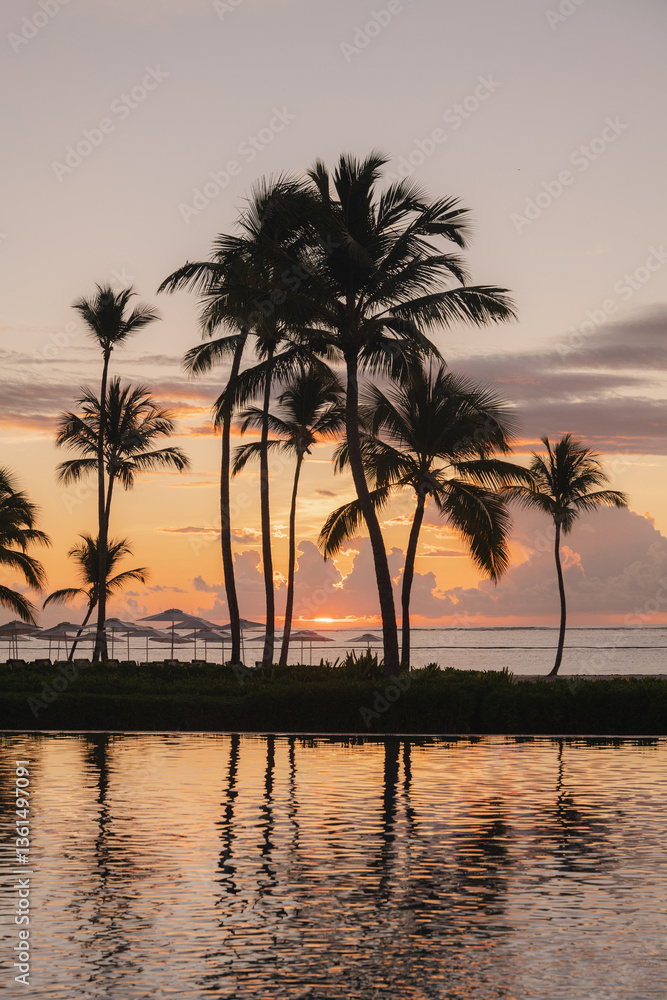 Obraz premium Tropical Sunset Reflection – Serene Palm Trees by the Ocean