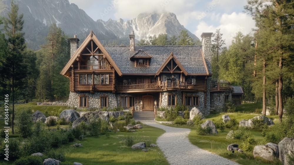 Scenic mountain lodge surrounded by lush greenery and rocky landscape Scenic mountain lodge surrounded by lush greenery and rocky landscape