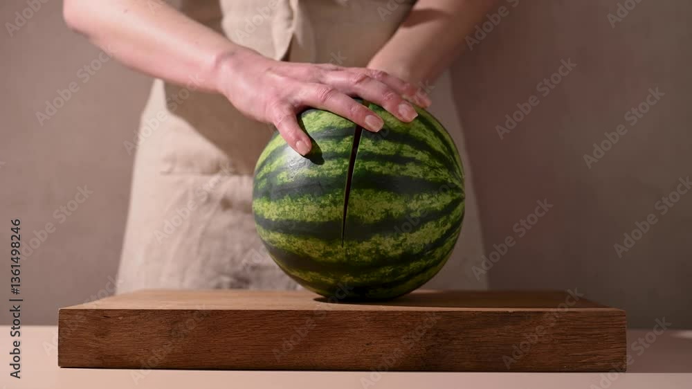 Woman cutting a whole watermelon in half, sunlight Woman cutting a whole watermelon in half, sunlight