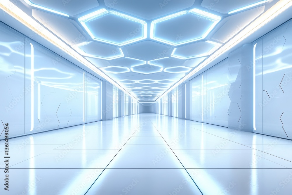 Obraz premium Modern hallway with geometric design and bright lighting at futuristic architecture