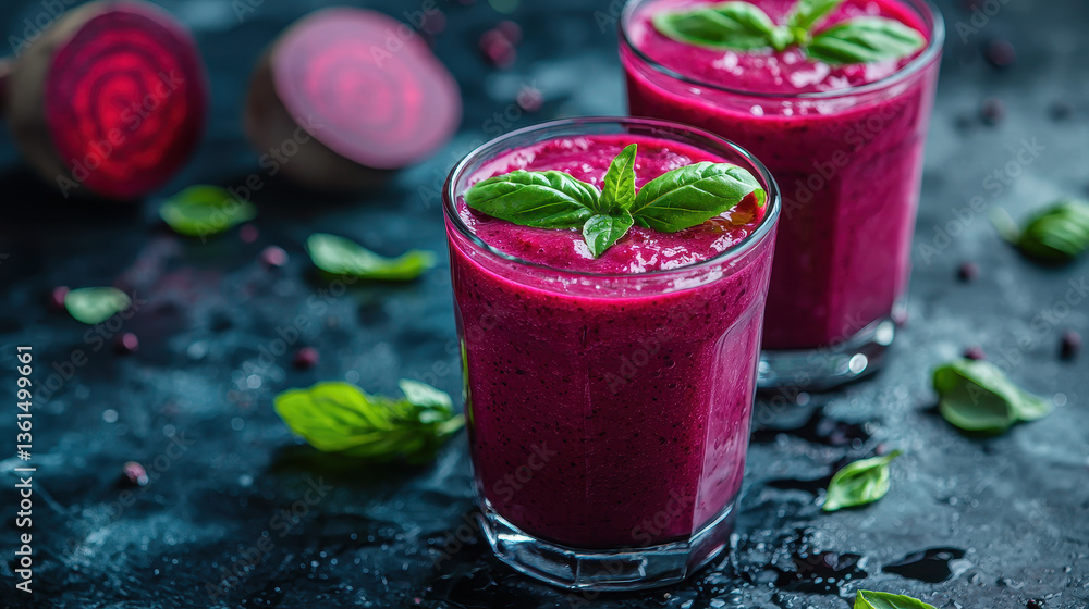 Refreshing beetroot and apple smoothie brightened with a hint of lemon garnished with fresh basil leaves Refreshing beetroot and apple smoothie brightened with a hint of lemon garnished with fresh basil leaves