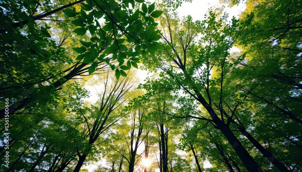 Fototapeta premium Sunlight Filtering Through Lush Green Canopy: A Serene Forest