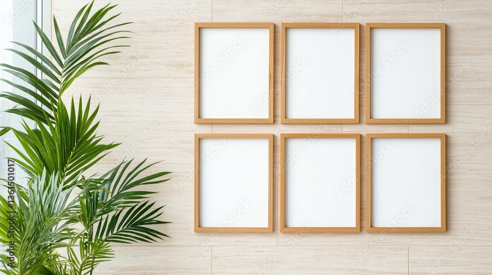 A minimalist display of six empty picture frames on a light-colored wall with a lush plant beside them. A minimalist display of six empty picture frames on a light-colored wall with a lush plant beside them.