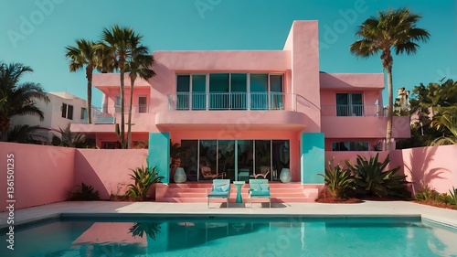 Miami Vice-style 80s house with pastel-colored walls, Art Deco architecture, and neon lights