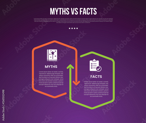 myths vs facts infographic for comparison data with outline box arrow opposite direction with modern dark gradient style background with 2 point information