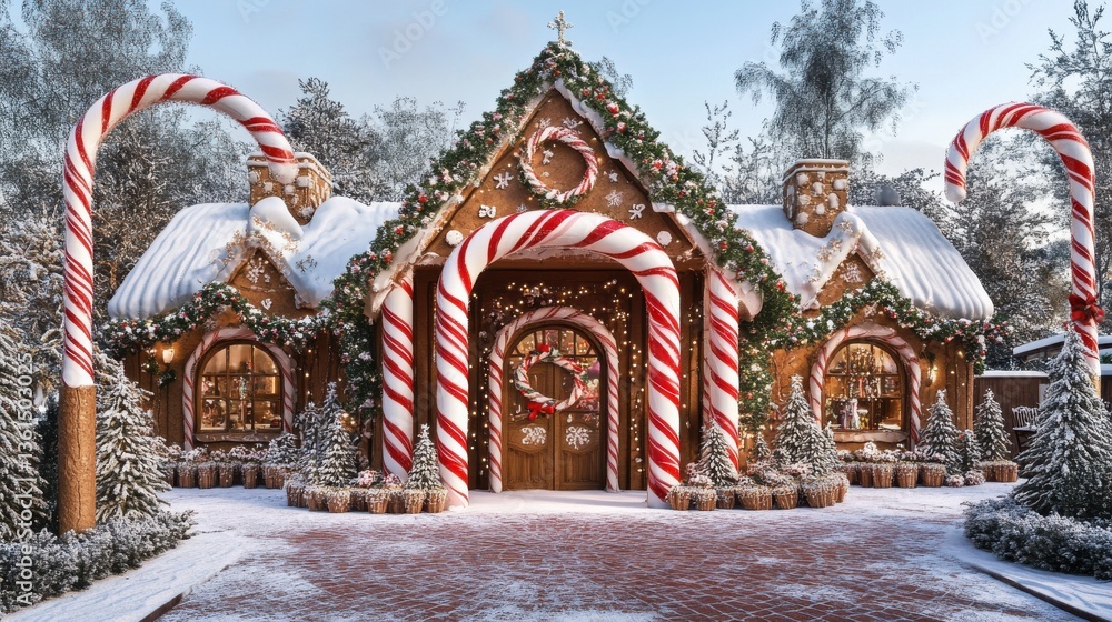 Obraz premium A whimsical gingerbread house adorned with candy canes and festive decor in a snowy landscape