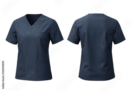 Navy Blue Nurse Scrubs Top Mockup on White Background – Realistic Fabric Folds and Creases