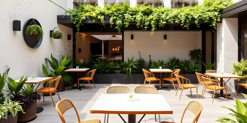 A sunny outdoor patio with tables and many green plants