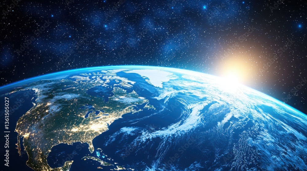 Obraz premium Stunning view of earth illuminated by city lights at night captured from satellite perspective in dark skies