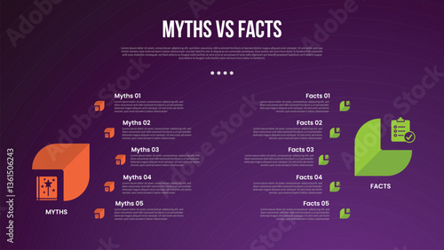 myths vs facts infographic for comparison data with creative round arrow shadow with curve point with modern dark gradient style background with 2 point information