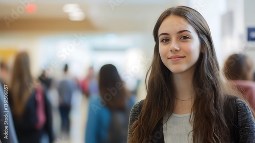 Wallpaper Mural Smiling teenage girl stands in a busy school hallway She is the focus of the image with the background blurred. Torontodigital.ca