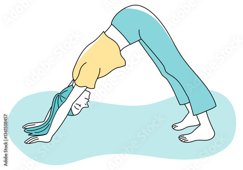 ヨガのダウンドッグのポーズをする女性のシンプルな線画のベクターイラストレーション