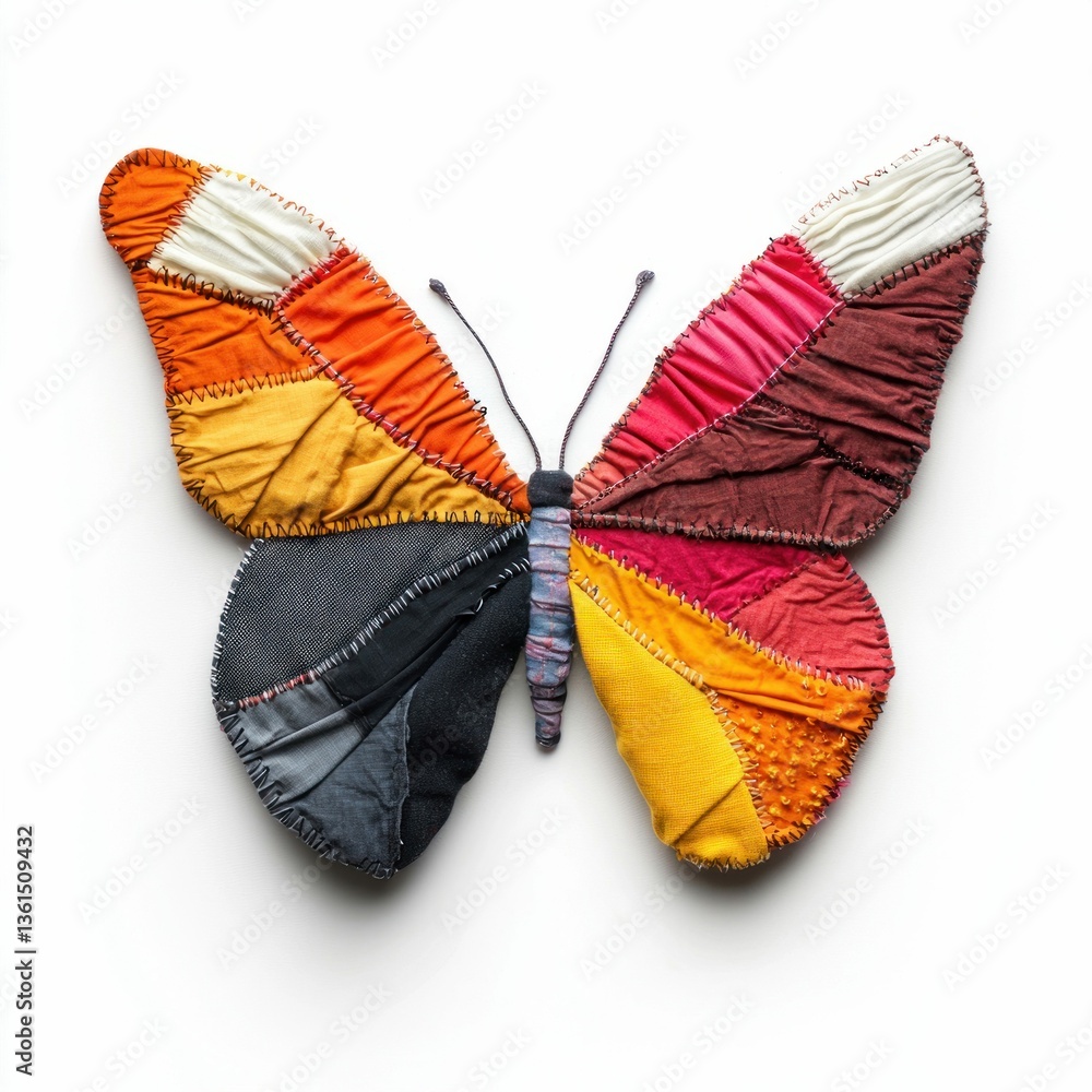 A vibrant butterfly artwork crafted from repurposed fabric scraps creates a sustainable, colorful mosaic. A vibrant butterfly artwork crafted from repurposed fabric scraps creates a sustainable, colorful mosaic.