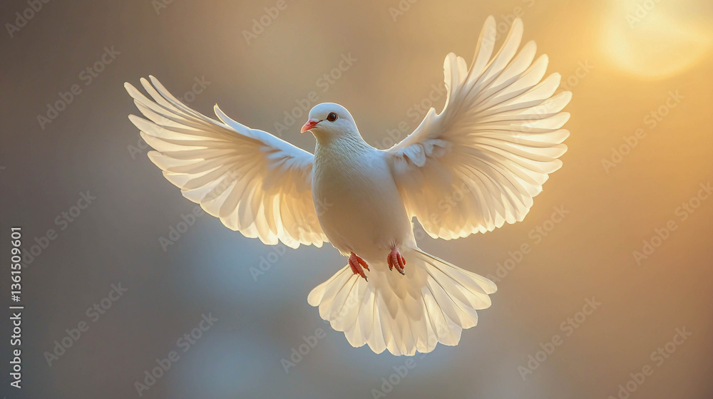 A white pigeon in flight, with wings spread wide. A white pigeon in flight, with wings spread wide.