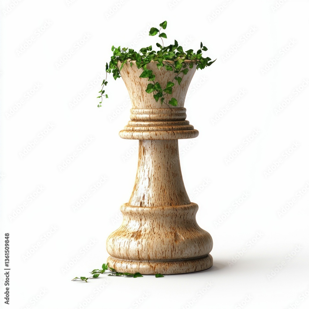 Fototapeta premium Chess queen piece transformed into a planter with vibrant green ivy cascading down its form.