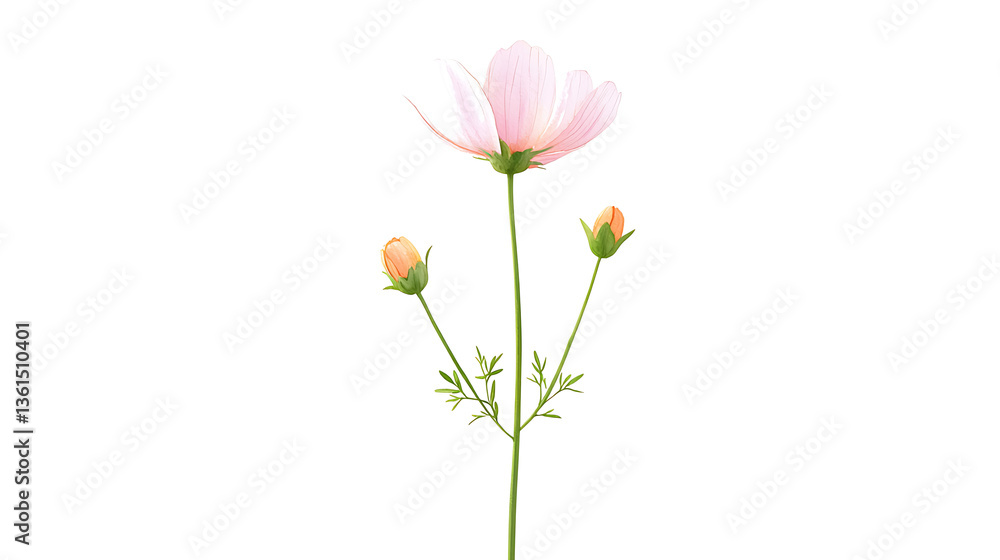 Obraz premium A flower with three buds is shown in a white background