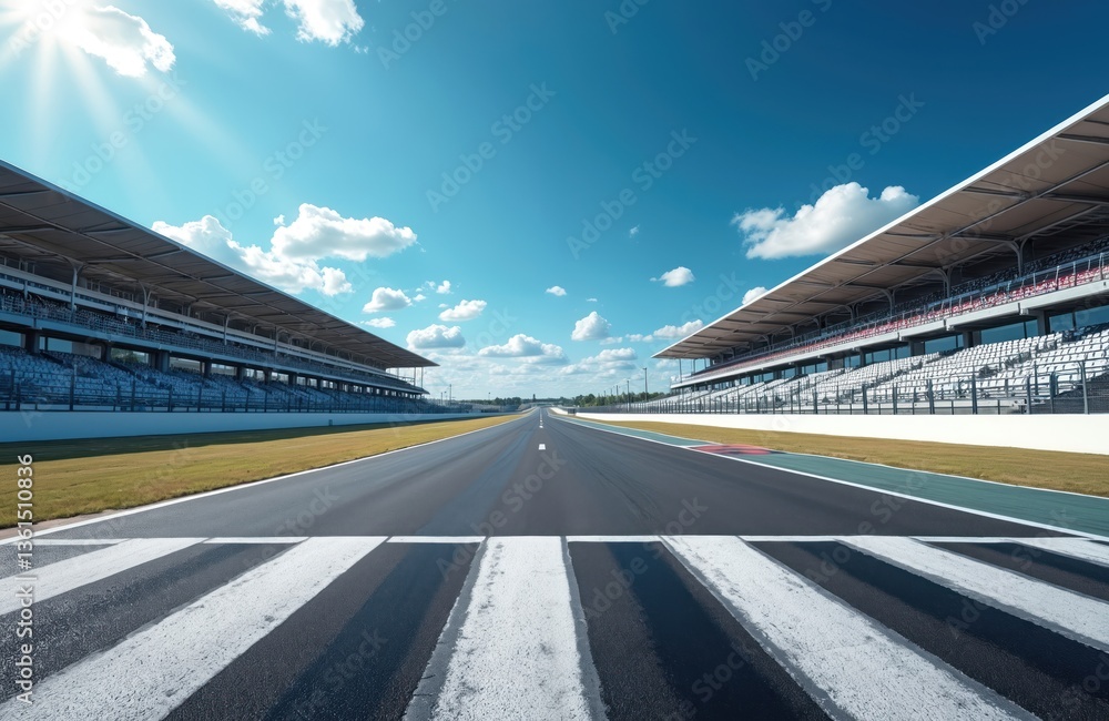 Fototapeta premium Empty race track with zebra crossing, grandstands. Clear sky. Motorsport concept for speed, motion, competition. Start line, racing track, racing event, champion success.