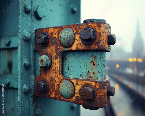 Rusted metal hinge on a bridge support, urban background