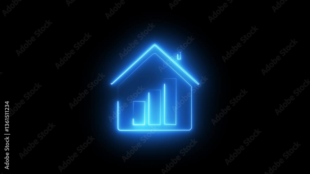 Glowing neon animation of a rising housing cost icon. Flashing neon effect on an increasing home price symbol. Bright neon motion design showing climbing housing costs. Glowing neon animation of a rising housing cost icon. Flashing neon effect on an increasing home price symbol. Bright neon motion design showing climbing housing costs.