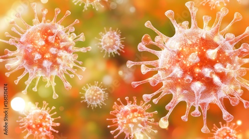 Microscopic Virus Particles, Orange Background, Scientific Research