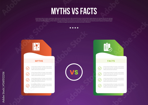 myths vs facts infographic for comparison data with creative table box with folder style stack with modern dark gradient style background with 2 point information