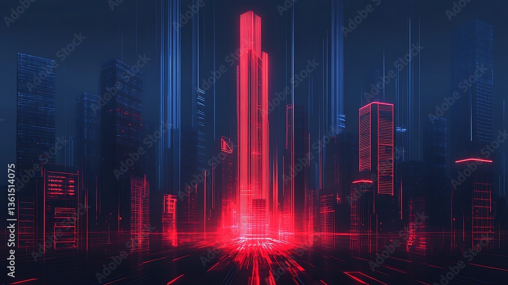 Obraz premium A futuristic cityscape at night, with towering skyscrapers and neon lights reflecting on wet streets