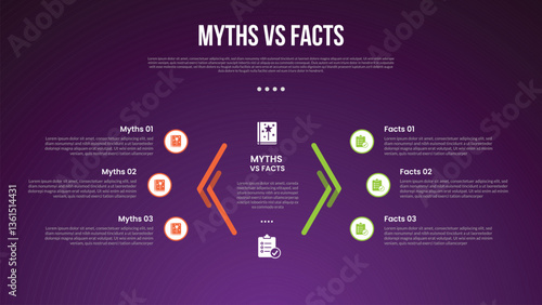myths vs facts infographic for comparison data with creative line arrow opposite on center with modern dark gradient style background with 2 point information