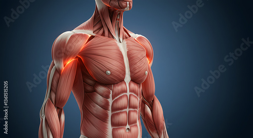 Human Anatomy Model Showing Shoulder Pain and Muscular System Detail