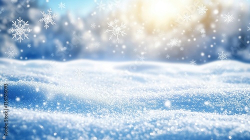 Wallpaper Mural Winter Wonderland: Close-up view of freshly fallen snow with a backdrop of a sunlit, snow-covered forest, portraying winter's beauty and tranquility. Torontodigital.ca