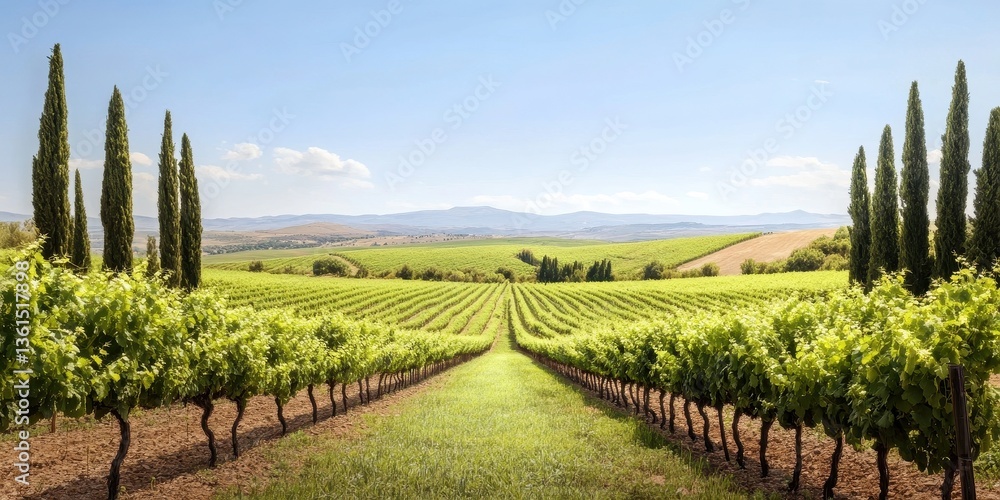 Fototapeta premium A picturesque Mediterranean vineyard garden with lush vines, vibrant flowers, and stunning scenic views.